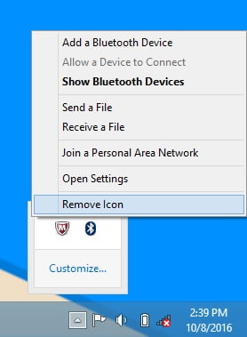 delete bluetooth icon control panel